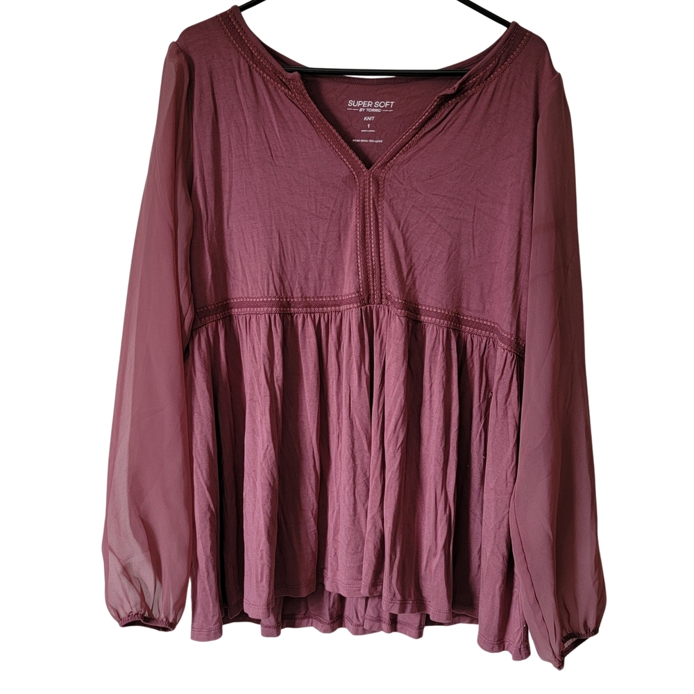 Torrid Babydoll Fabric Mix Super Soft Balloon Chiffon Sleeve Top Size 1X NWT